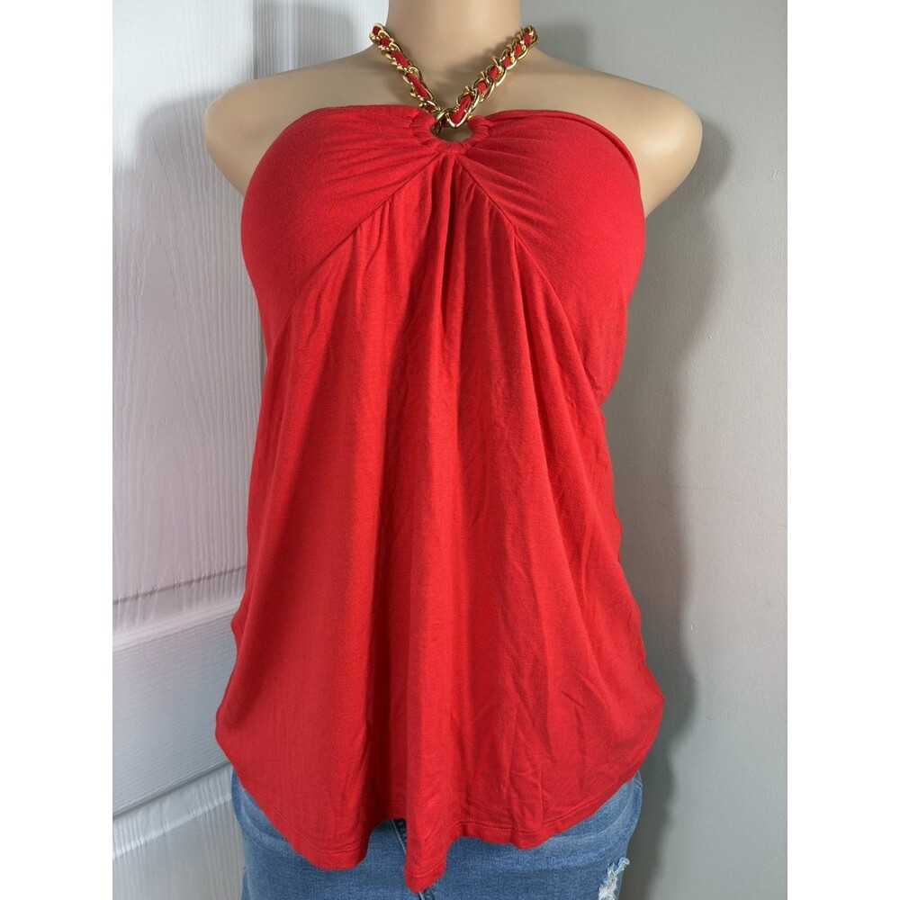 Michael Kors Womens Top Sz XL Red Sleeveless Halter keyhole chain Built in Bra